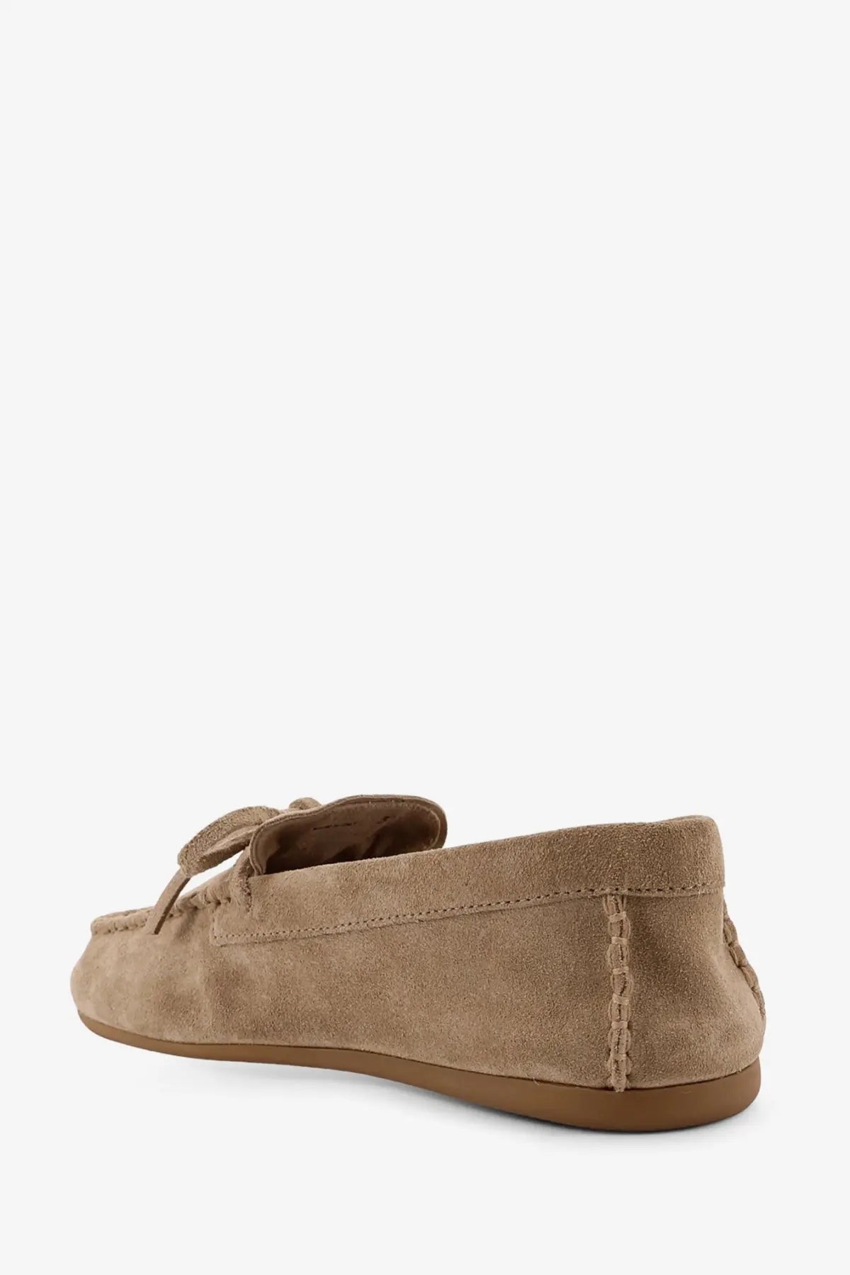 Miu Miu women’s beige suede loafers with tan suede moccasin style and small bow at the front