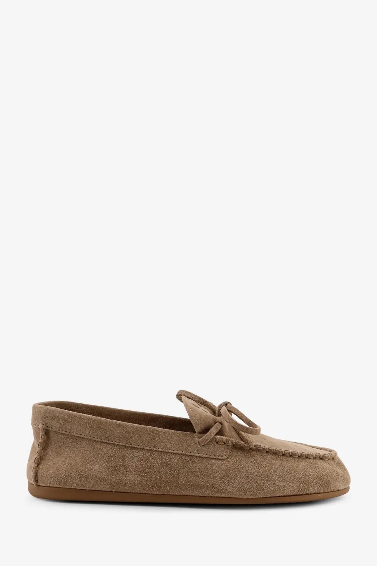 Miu Miu women’s beige suede loafers featuring tan suede moccasin design with a tied bow detail on the vamp
