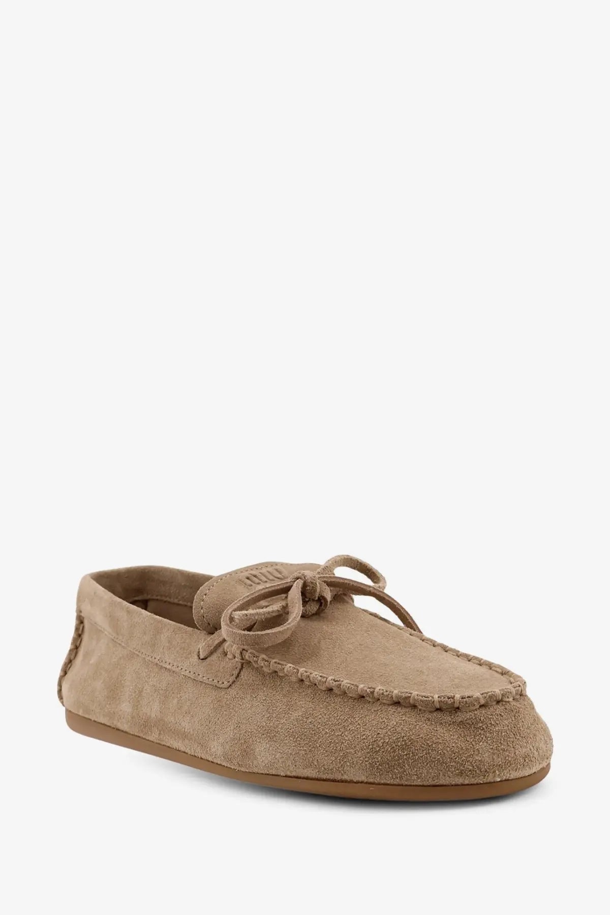 Miu Miu women’s beige suede loafers with tan suede moccasin design tied bow and stitched detailing