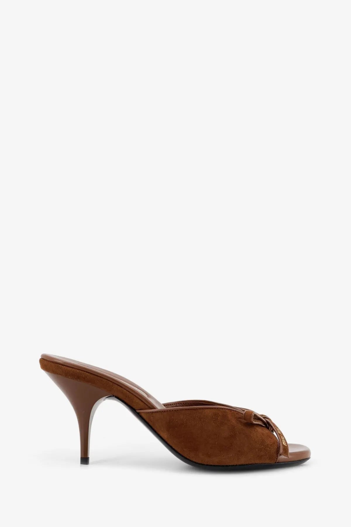 Miu miu women’s brown suede mule heel sandal with decorative bow at the toe rovere style