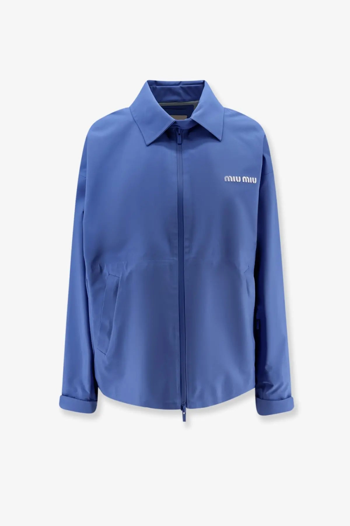 Blue miu miu zip-up technical fabric jacket with collar and subtle embroidered logo on chest for women
