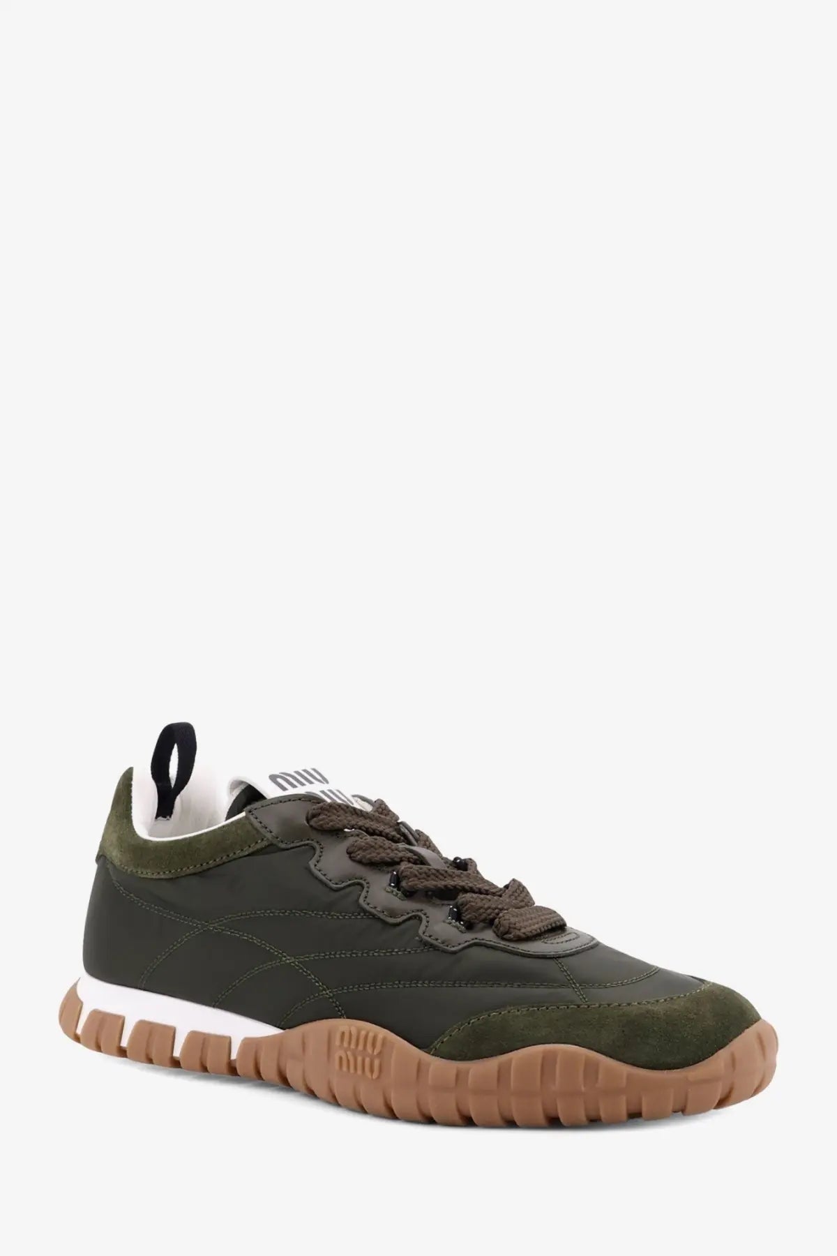 Miu Miu women’s olive green sneaker in suede and canvas with brown laces white midsole and tan rubber outsole