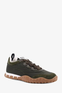 Miu Miu women’s olive green sneaker in suede and canvas with brown laces white midsole and tan rubber outsole