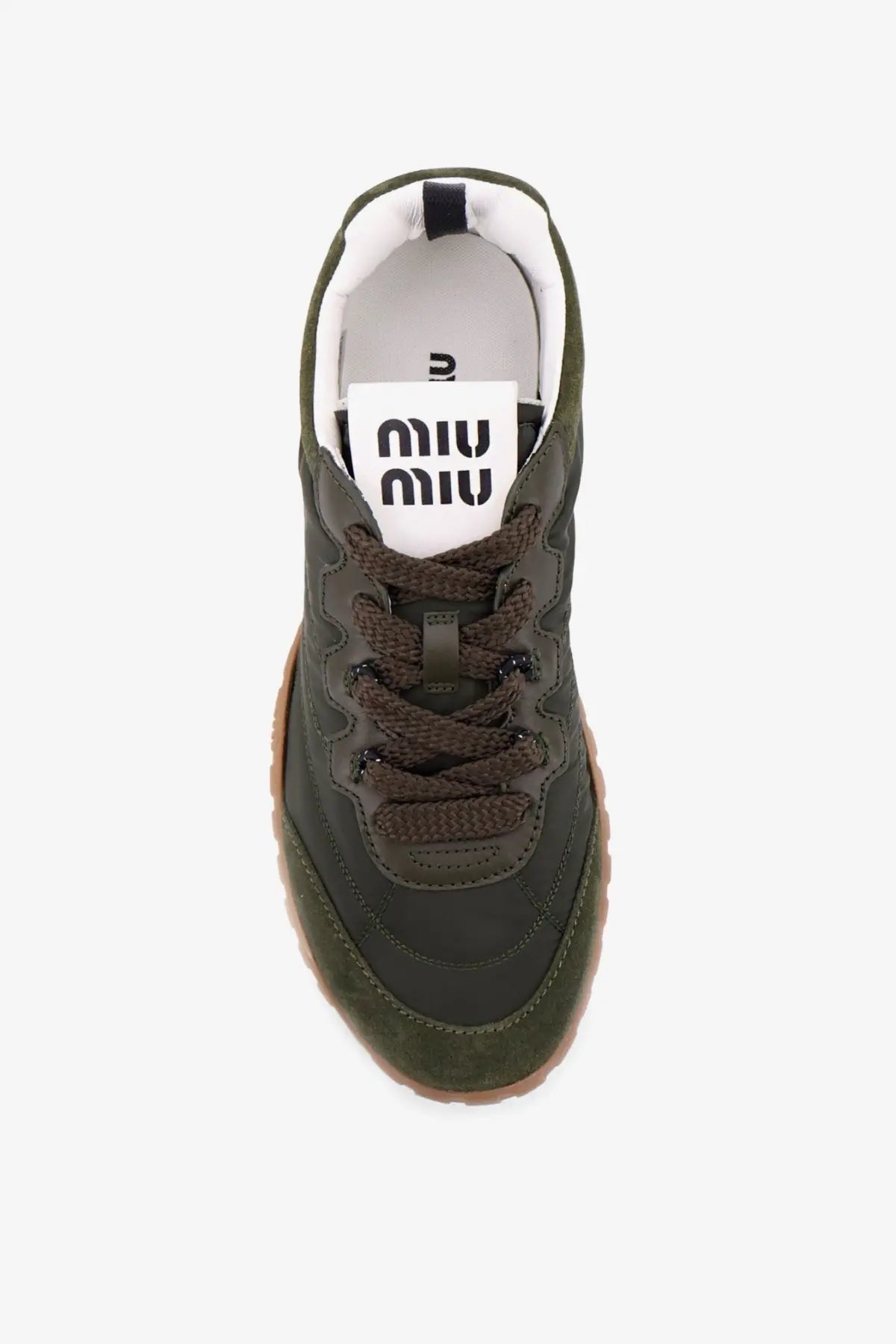 Miu Miu women’s olive green suede and canvas sneakers with brown braided laces and gum rubber sole