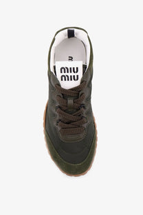 Miu Miu women’s olive green suede and canvas sneakers with brown braided laces and gum rubber sole