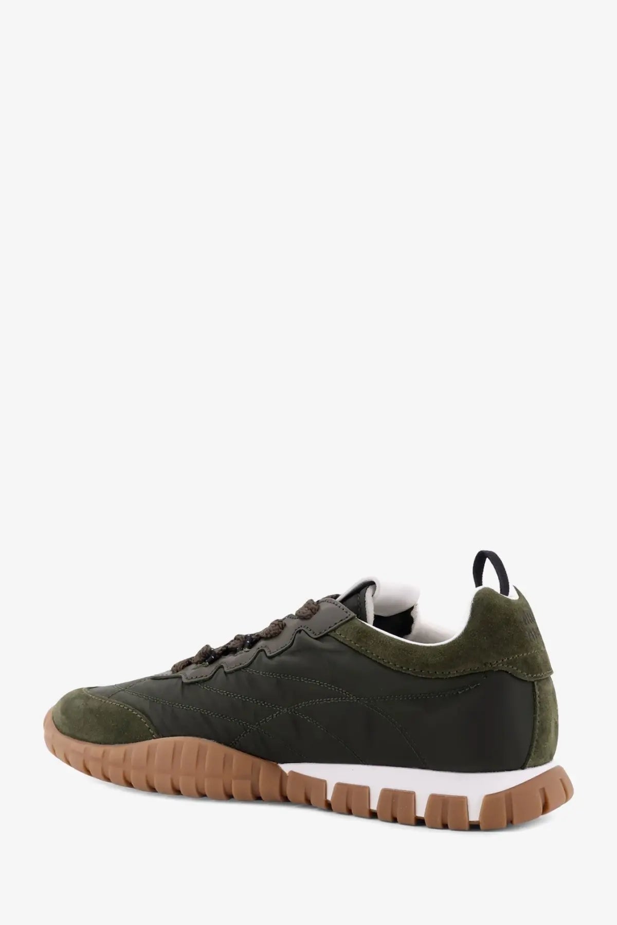 Miu Miu women’s olive green suede and canvas sneakers with tan rubber sole white midsole and black laces