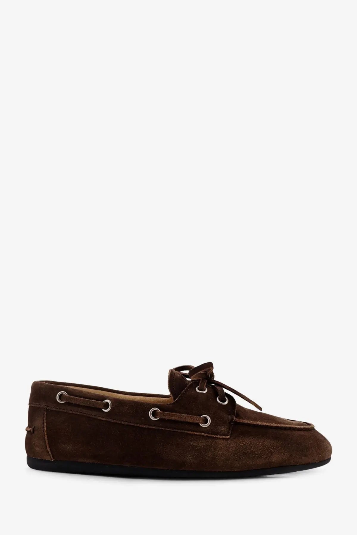 Miu Miu women’s brown suede loafers with classic boat shoe design and silver eyelets vintage effect gold
