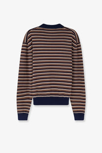 Miu Miu women’s virgin wool polo shirt white featuring a cozy long-sleeved striped sweater design in brown beige and navy blue