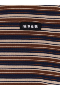Miu miu women’s virgin wool polo shirt in white with brown navy blue and beige striped knit top design