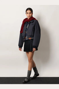 Dark gray bomber jacket with a small black patch on left chest and ribbed cuffs for women by miu miu