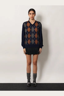 Miu Miu women’s virgin wool sweater in navy blue and brown argyle pattern with a v-neckline