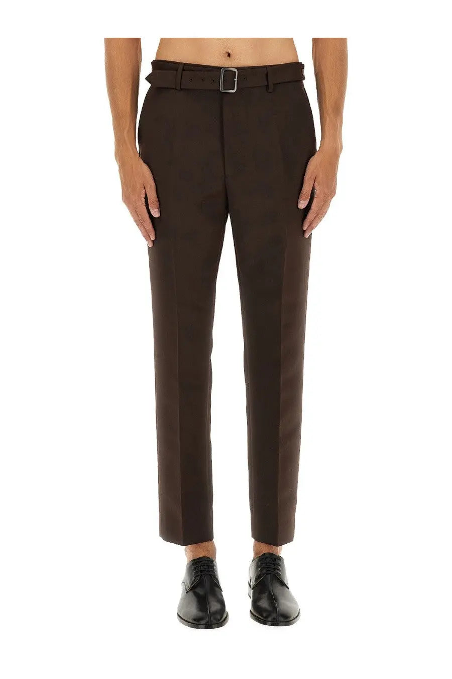 Dark brown tailored mm6 maison margiela men’s belted pants with a sleek straight-leg cut and matching belt