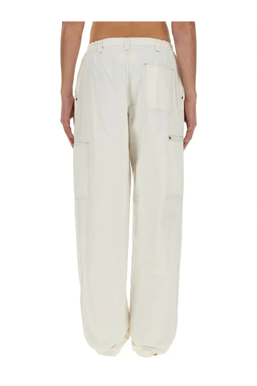 Cream-colored cotton canvas wide-leg cargo pants with multiple pockets and a relaxed tapered silhouette by MM6 Maison Margiela