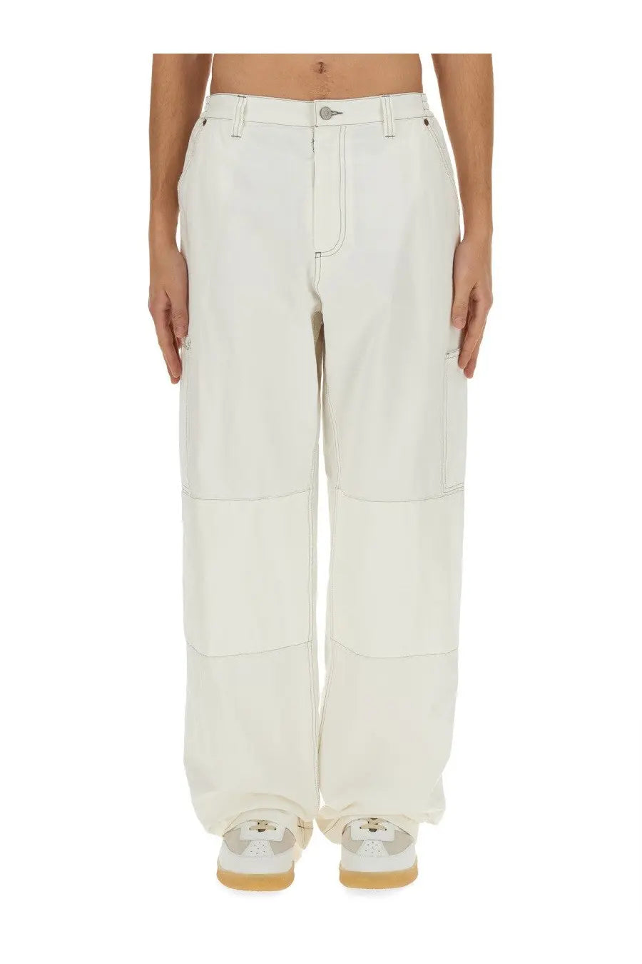 Cream-colored mm6 maison margiela men’s cotton canvas wide-leg cargo pants with relaxed fit and subtle stitching details