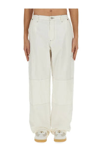 Cream-colored mm6 maison margiela men’s cotton canvas wide-leg cargo pants with relaxed fit and subtle stitching details