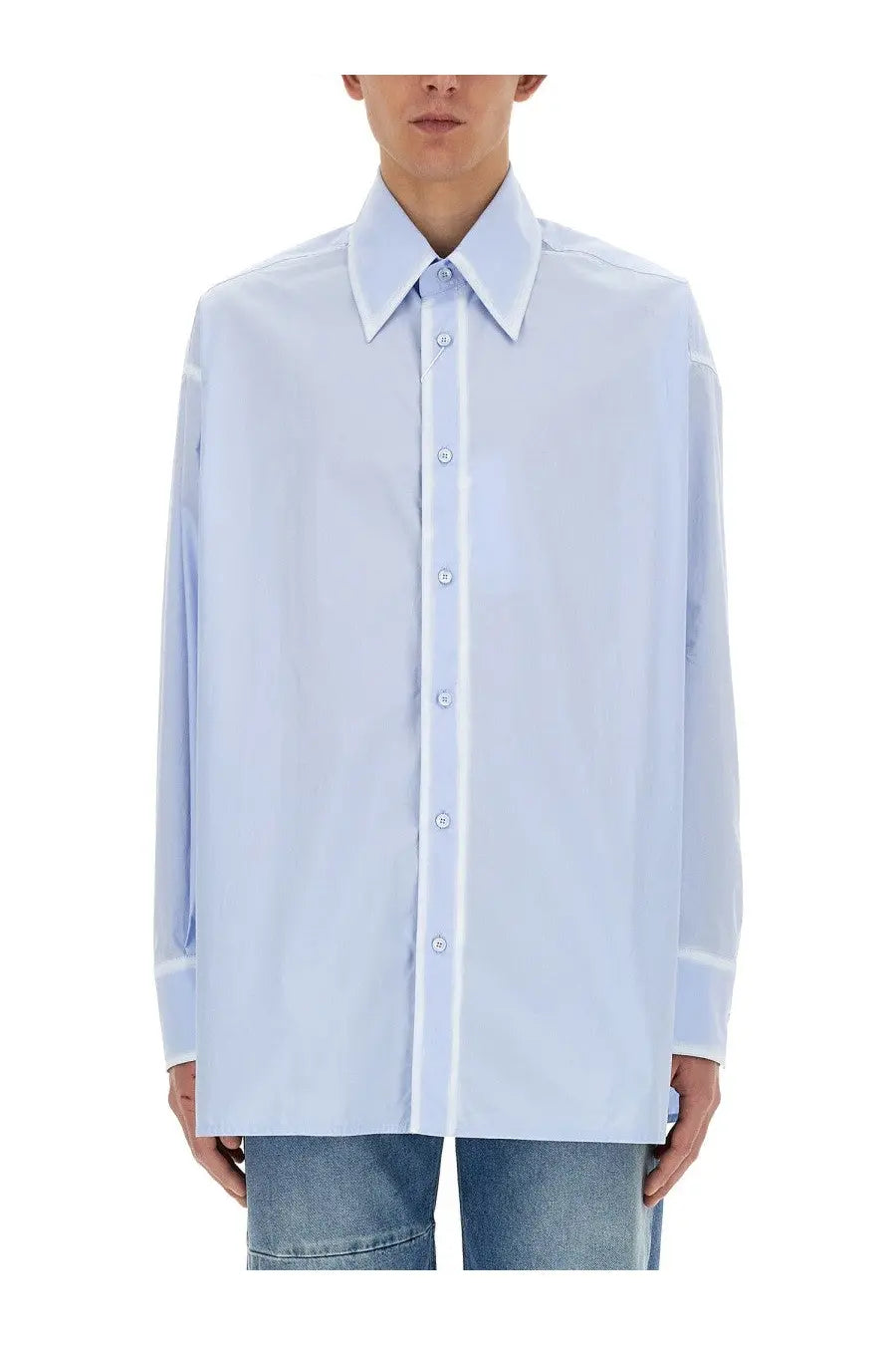 Light blue oversized button-down shirt with crisp collar and matching buttons from MM6 Maison Margiela men’s collection