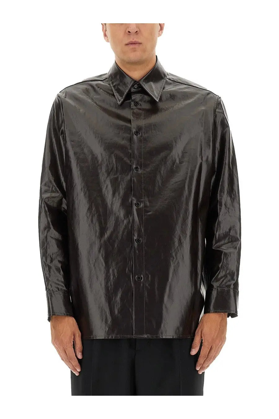 Mm6 maison margiela men’s button-up shirt in black glossy satin with structured collar and long sleeves
