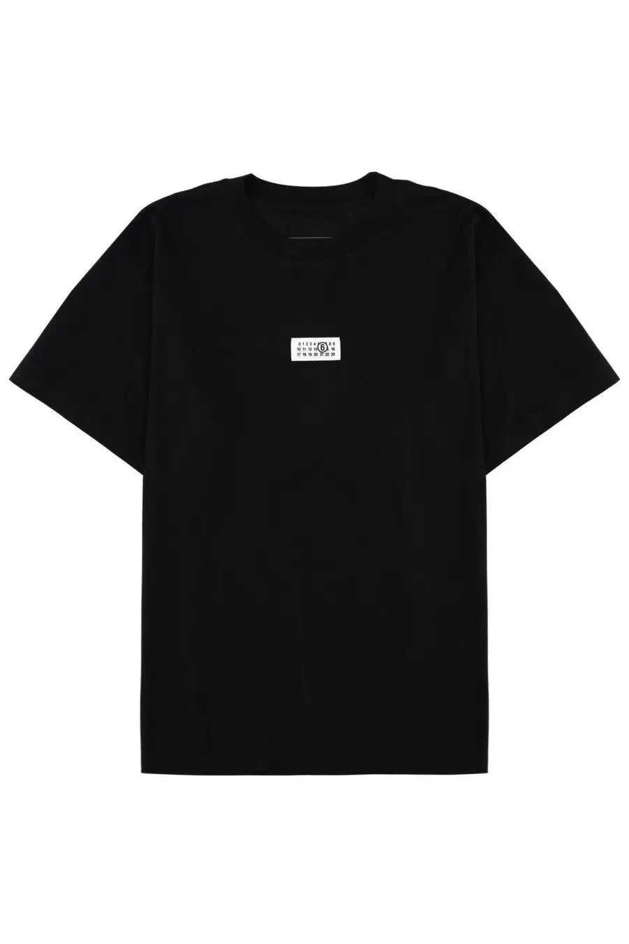Black mm6 maison margiela men’s t shirt featuring a minimalist white rectangular logo patch on the chest