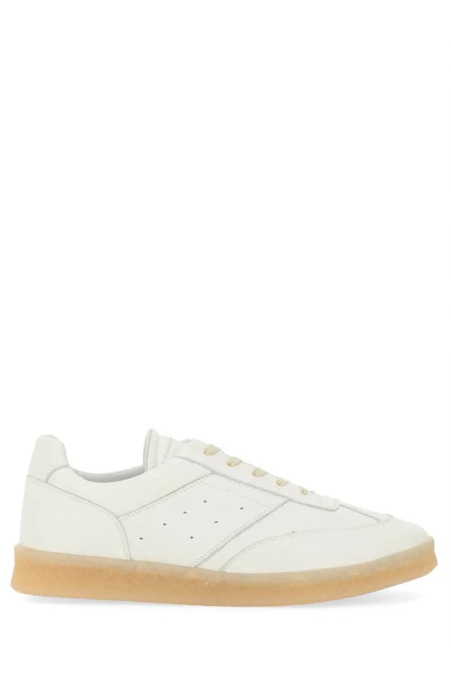 MM6 Maison Margiela men’s sneaker court white leather low-top with tan rubber sole and subtle perforated detailing