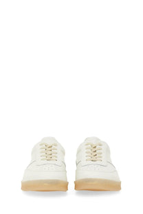 Mm6 maison margiela men’s white leather sneakers with beige laces and translucent gum sole in court style