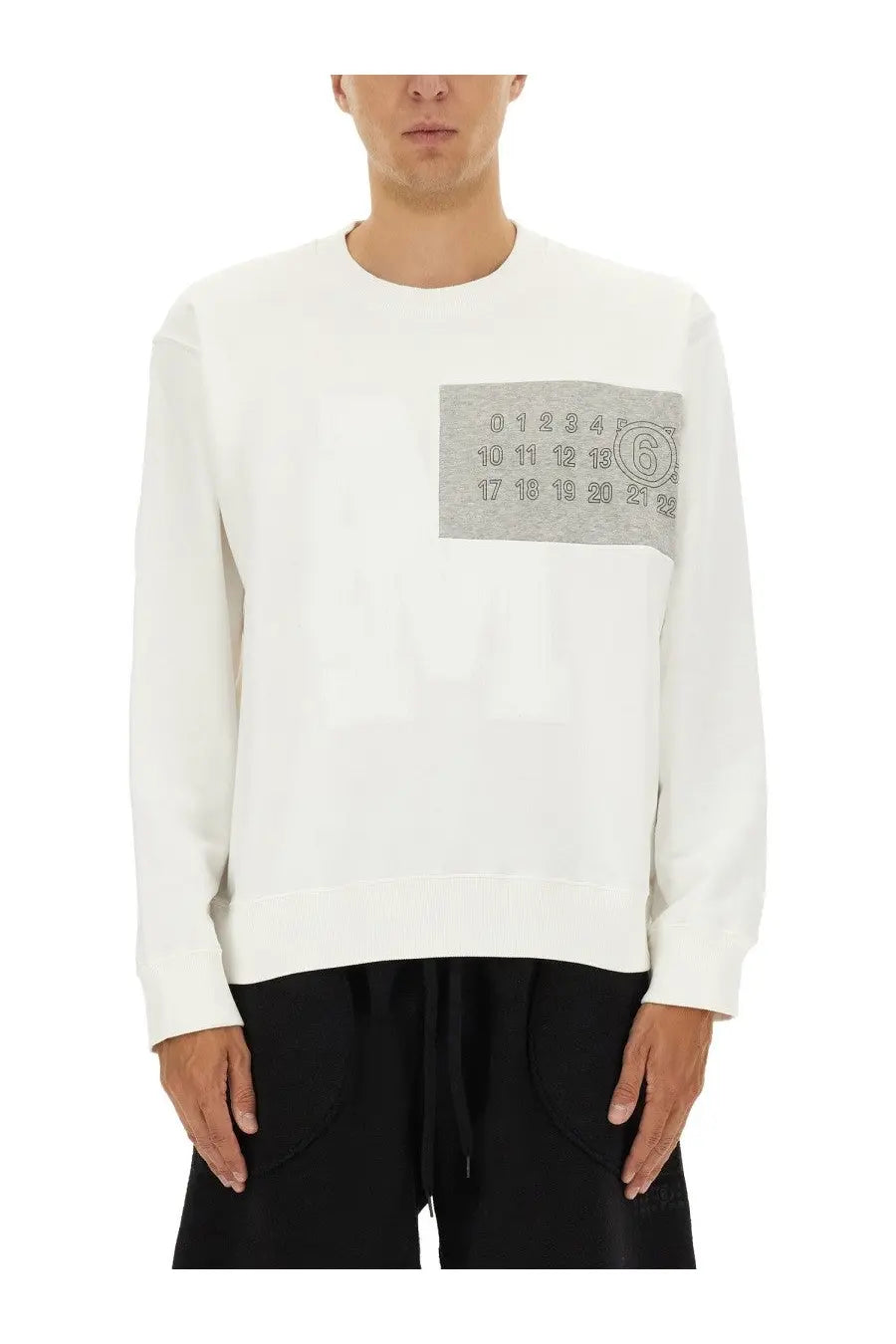 Mm6 Maison Margiela men’s white crewneck sweatshirt with gray stitched patch and stylized 6 logo on chest