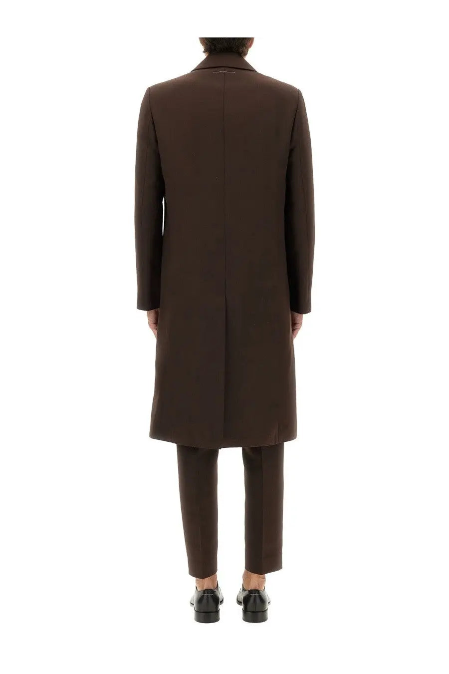 A sleek dark brown wool blend overcoat with classic notched collar and straight-cut silhouette by MM6 Maison Margiela