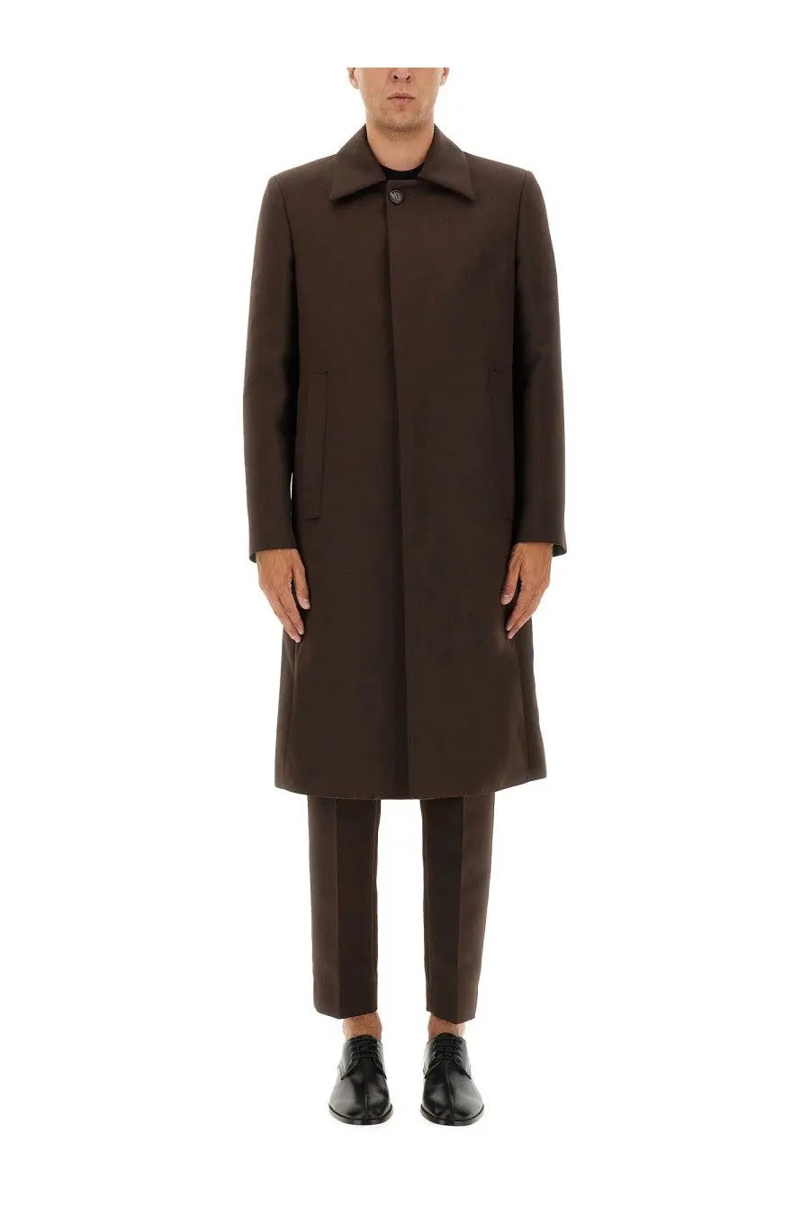 A sleek dark brown wool blend overcoat by MM6 Maison Margiela with classic collar and single button closure