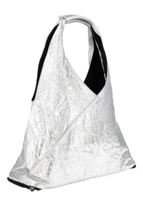 Mm6 maison margiela unisex silver metallic crinkled fabric shoulder bag with black lining and zipper closure