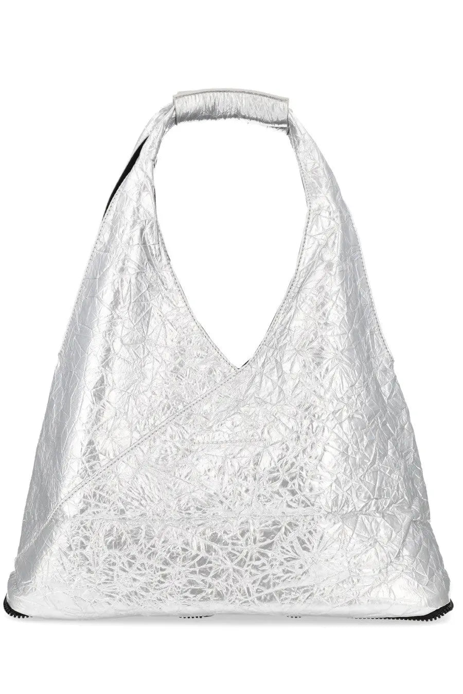 A shiny silver metallic mm6 maison margiela unisex borsa japanese richiudibile handbag with crinkled texture and black trim