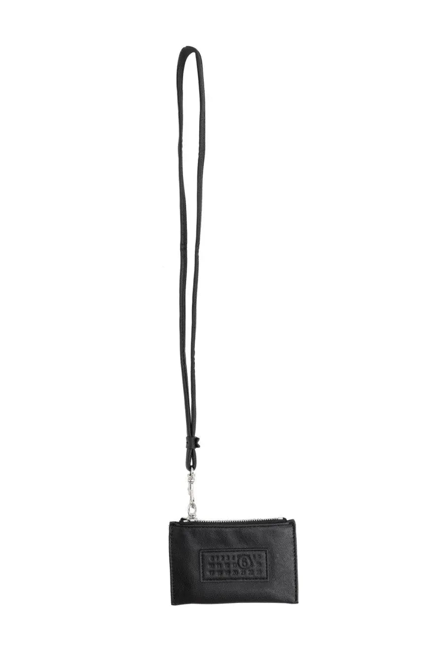 Mm6 maison margiela unisex black leather card holder with matching strap and silver-toned zipper closure