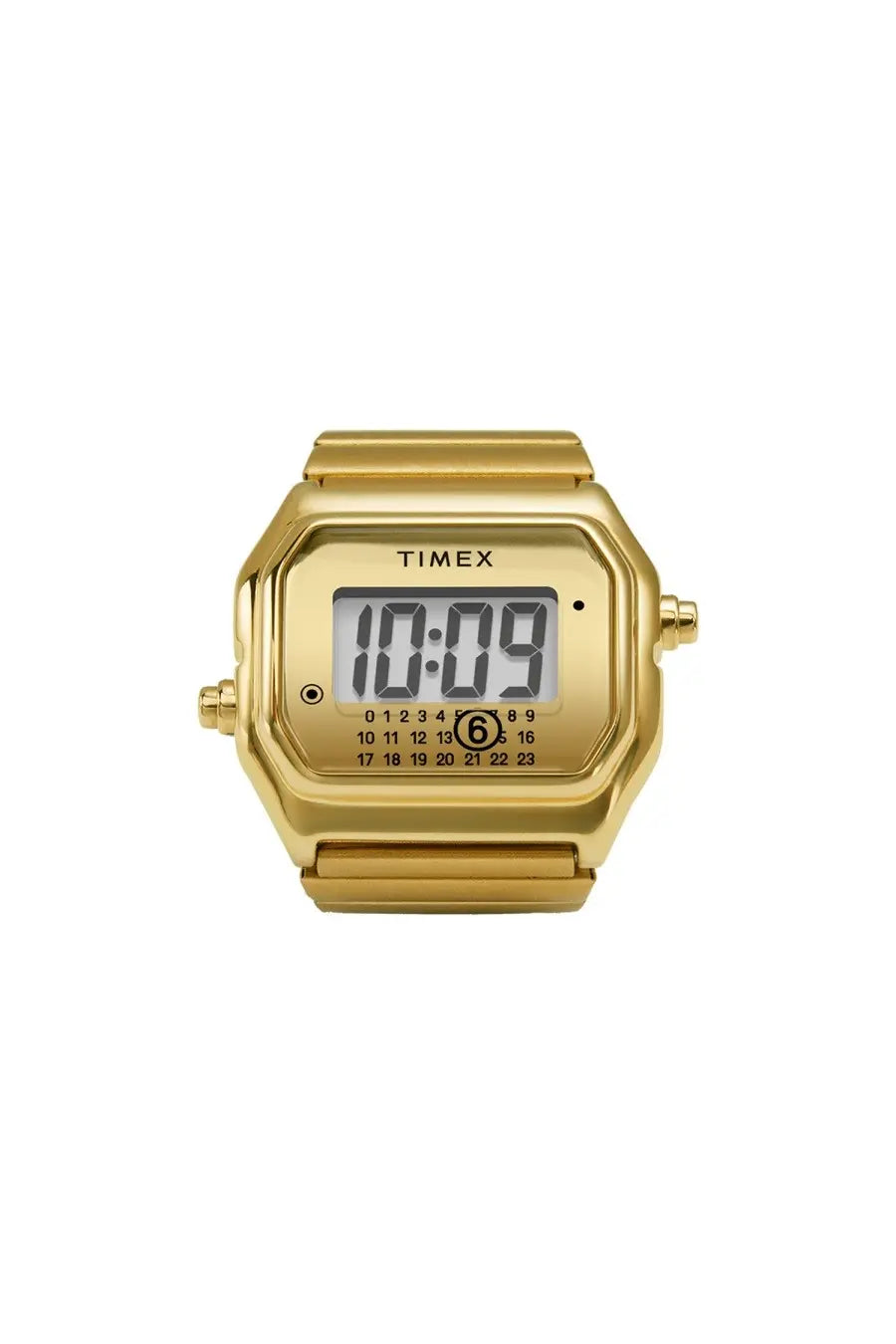 Gold tone timex mm6 t80 digital watch with rectangular face and two side buttons in a unisex design