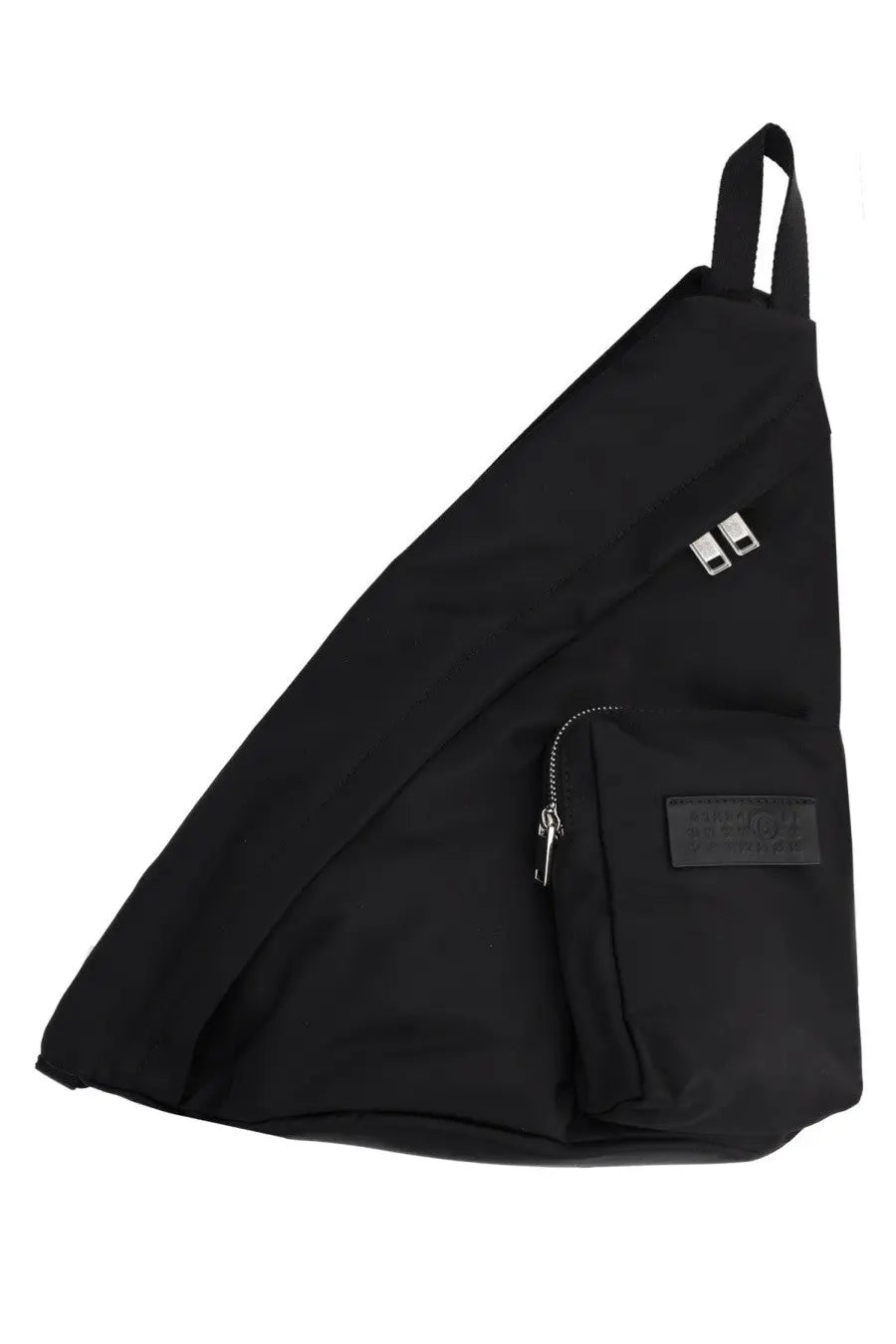 Black nylon MM6 Maison Margiela unisex zaino monospalla Japanese sling bag with silver zippers and front brand patch