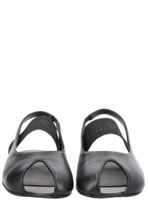 Black leather peep-toe slingback flats with a sleek minimalist design from mm6 maison margiela women’s anatomical sandal