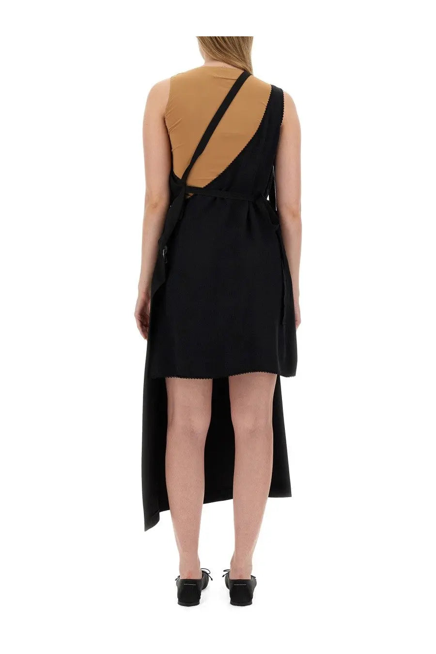 Mm6 maison margiela women’s black asymmetrical top with tan underlayer and diagonal strap detail in soft fabric