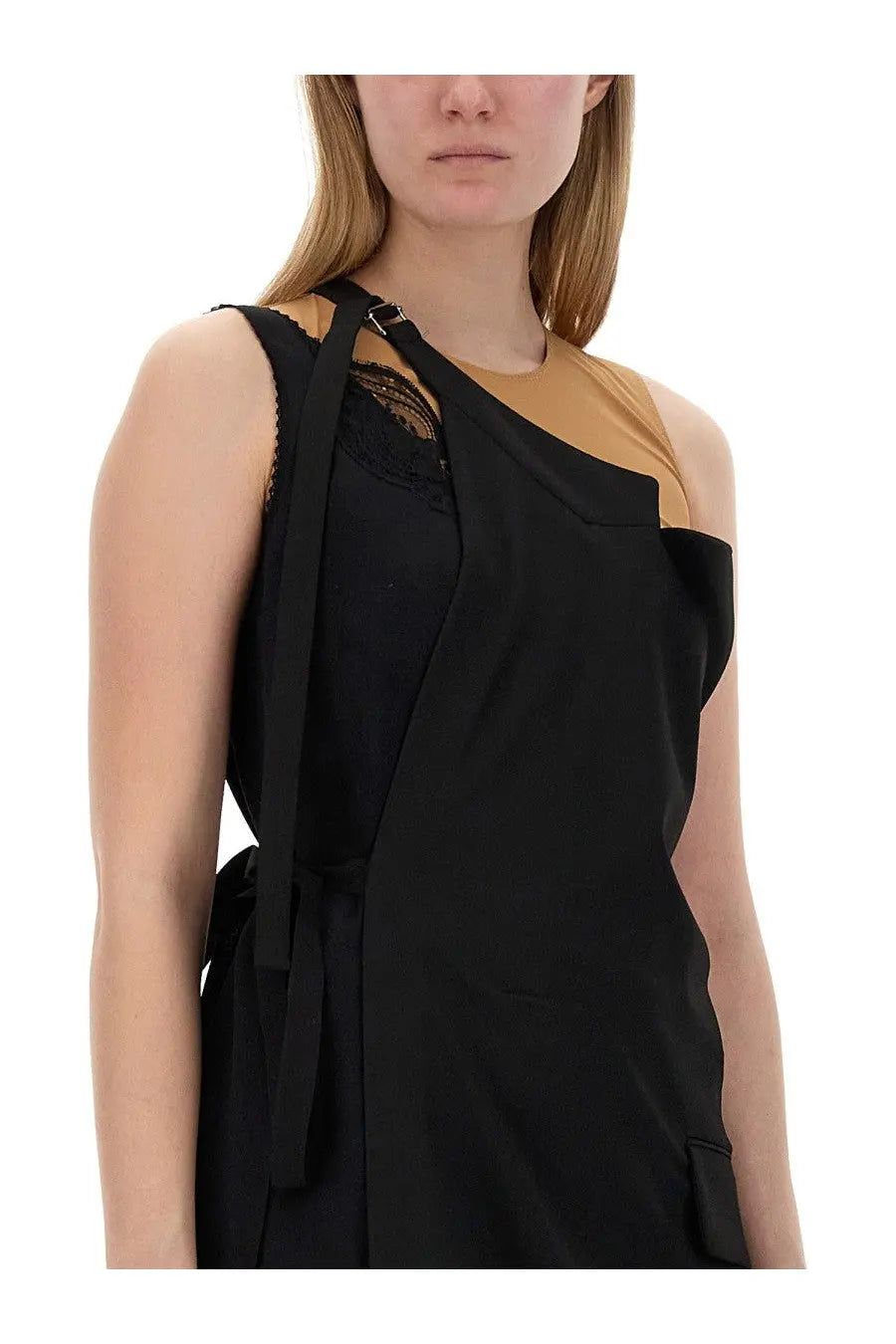 Mm6 maison margiela women’s black asymmetrical one-shoulder dress with tan panel and lace detail