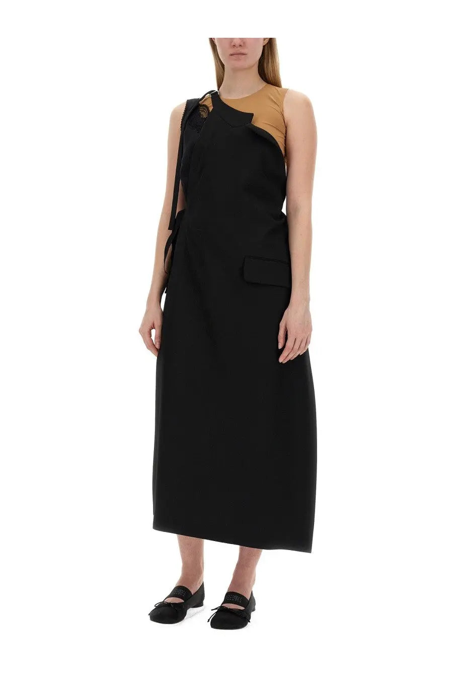 Mm6 maison margiela women’s black asymmetrical sleeveless dress with tan shoulder panel and front pocket detail