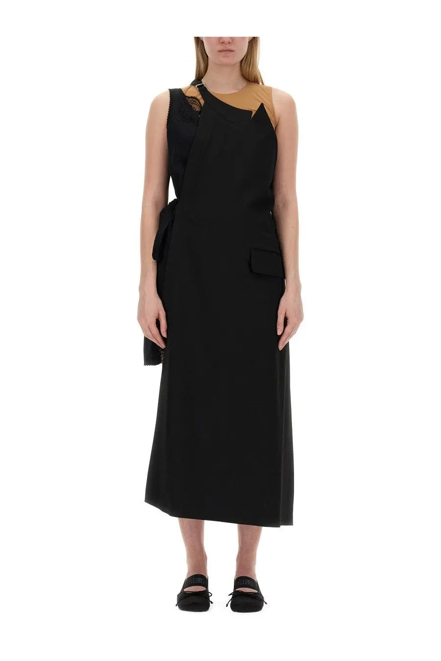Mm6 maison margiela women’s black sleeveless midi dress with tan black lace shoulder detail tied waistband and pockets