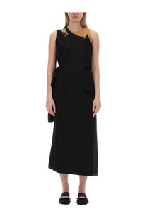 Mm6 maison margiela women’s black sleeveless midi dress with tan black lace shoulder detail tied waistband and pockets