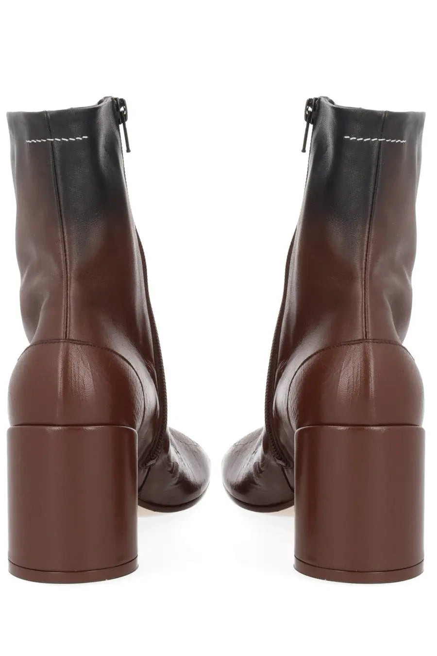 Mm6 maison margiela women’s brown leather ankle boots with glossy finish and contrasting black zipper pulls