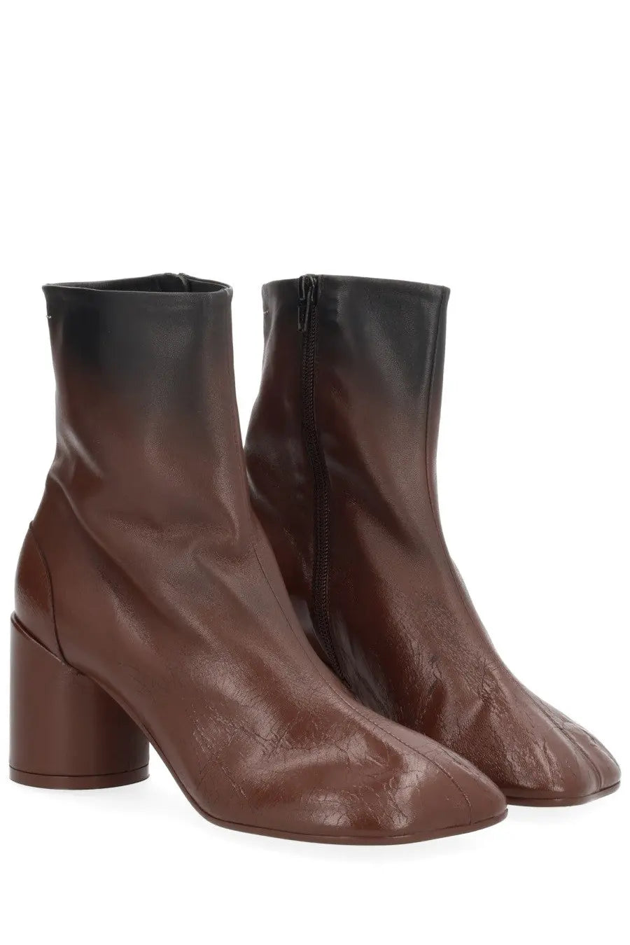 Mm6 maison margiela women’s brown leather ankle boots with chunky heel and subtle crackled texture