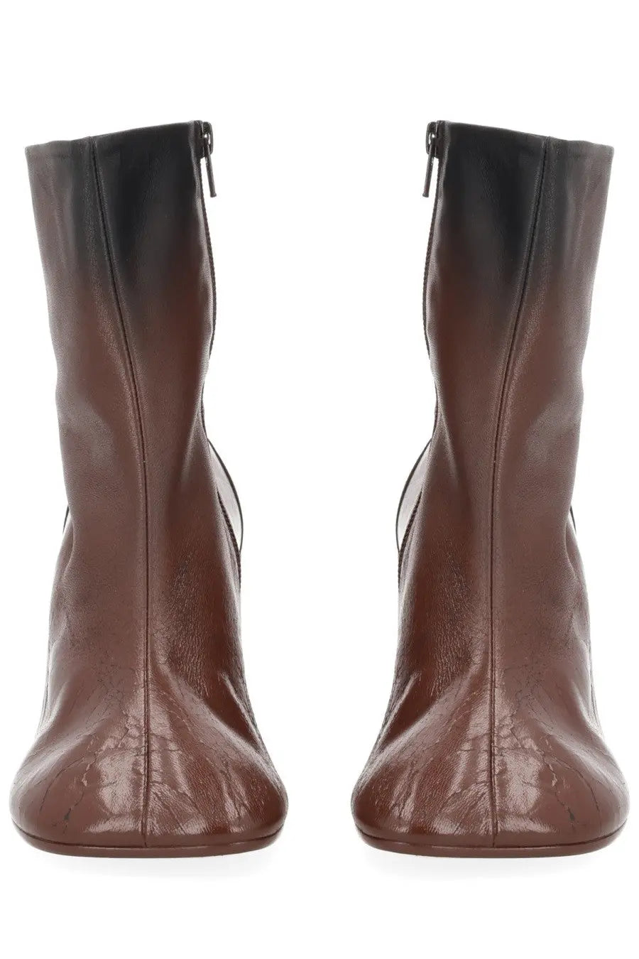 Mm6 maison margiela women’s brown leather ankle boots with glossy crackled texture and black inner zippers