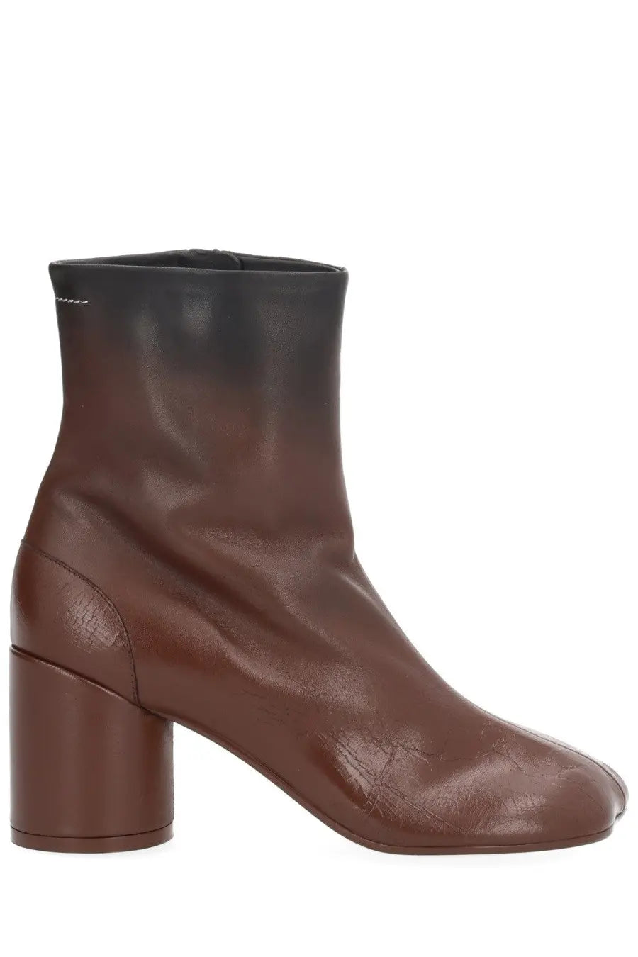 Mm6 maison margiela women’s brown leather ankle boot with chunky heel and distinctive toe design
