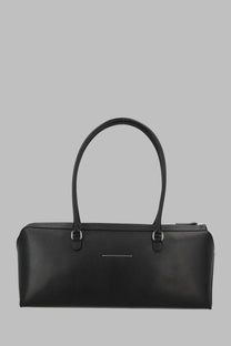 Mm6 maison margiela women’s borsa bauletto large black leather duffle bag with curved top handles and silver hardware