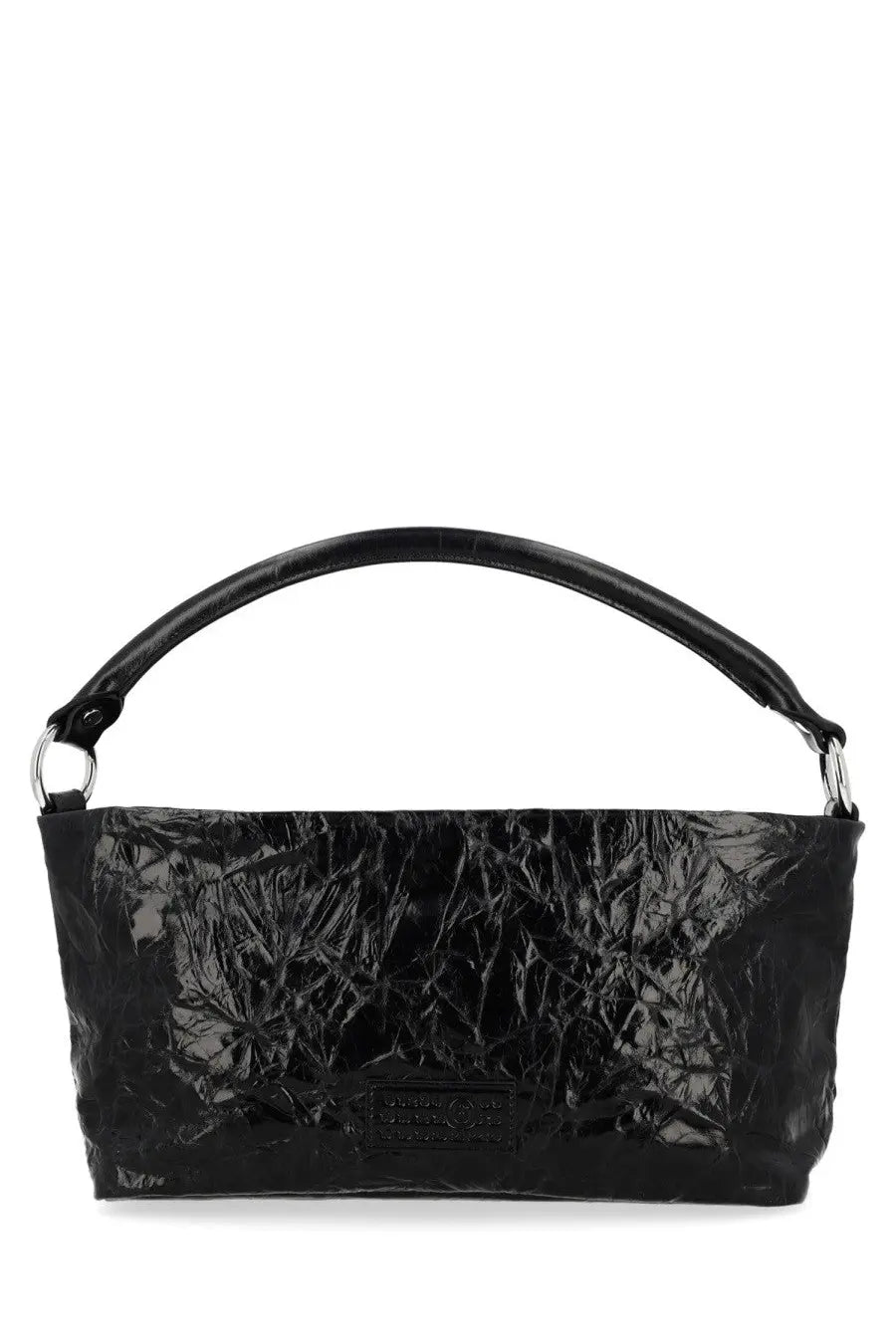 Mm6 Maison Margiela women’s black borsa hobo handbag in crinkled patent leather with curved handle and silver hardware
