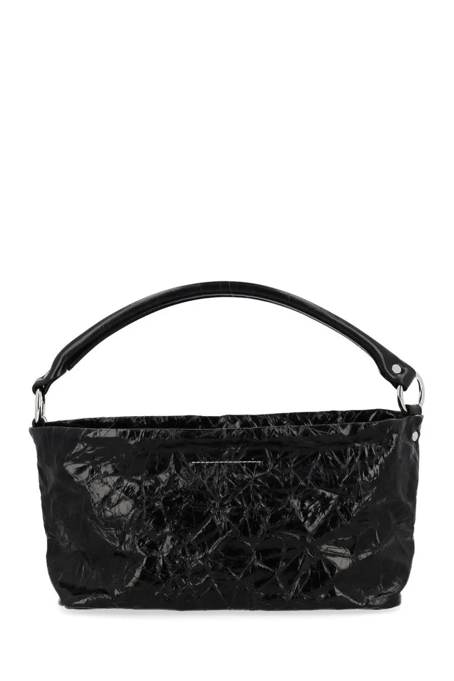 Mm6 maison margiela women’s borsa hobo black glossy crinkled leather handbag with curved top handle and silver hardware