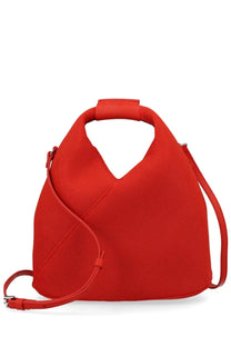 Mm6 maison margiela women’s vibrant red woven canvas shoulder bag with structured triangular shape and leather strap