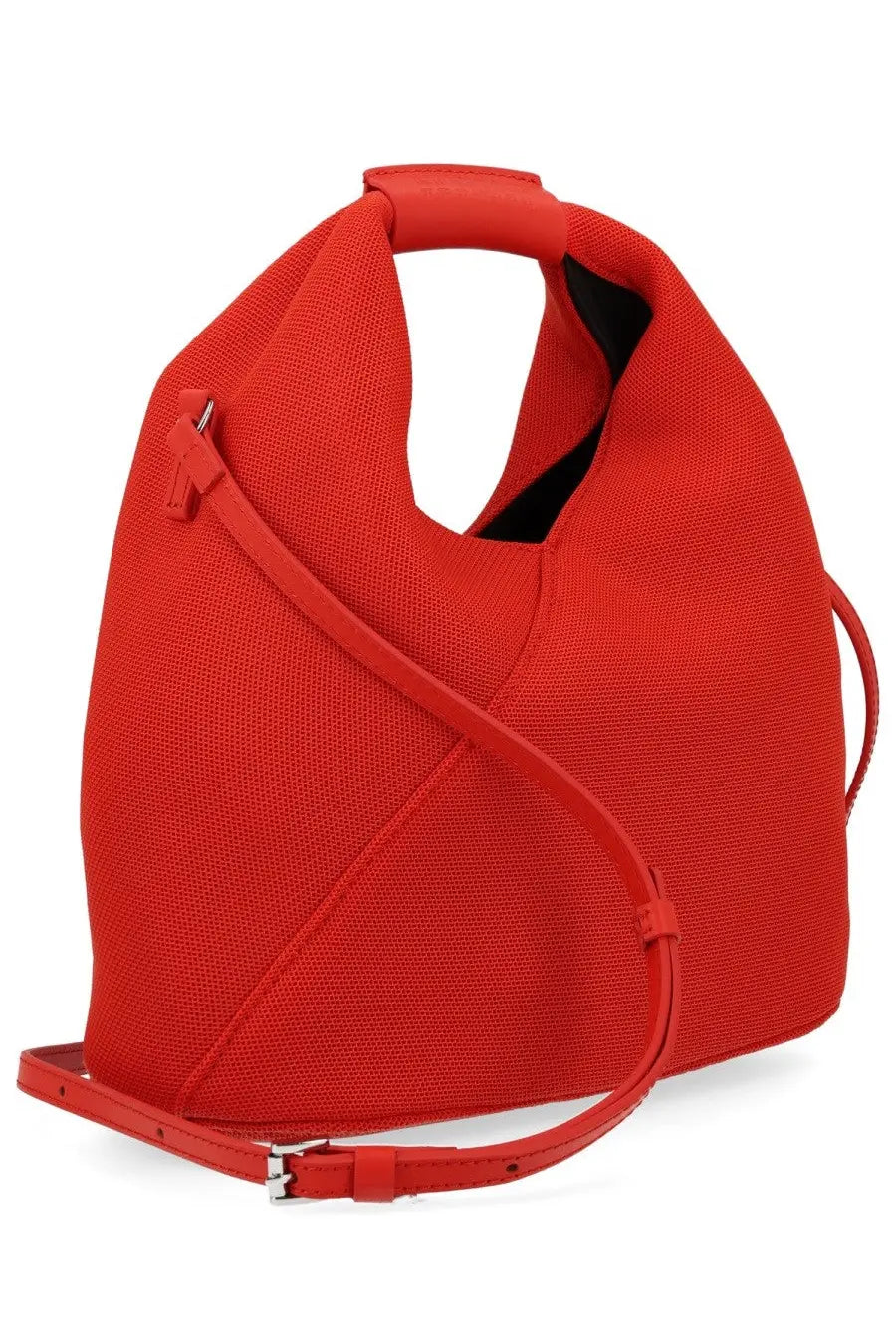 Vibrant red woven canvas tote bag with structured asymmetrical design and matching leather straps from MM6 Maison Margiela