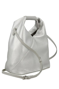 Mm6 maison margiela women’s borsa japanese small silver silver metallic leather shoulder bag with structured slouchy silhouette and adjustable strap