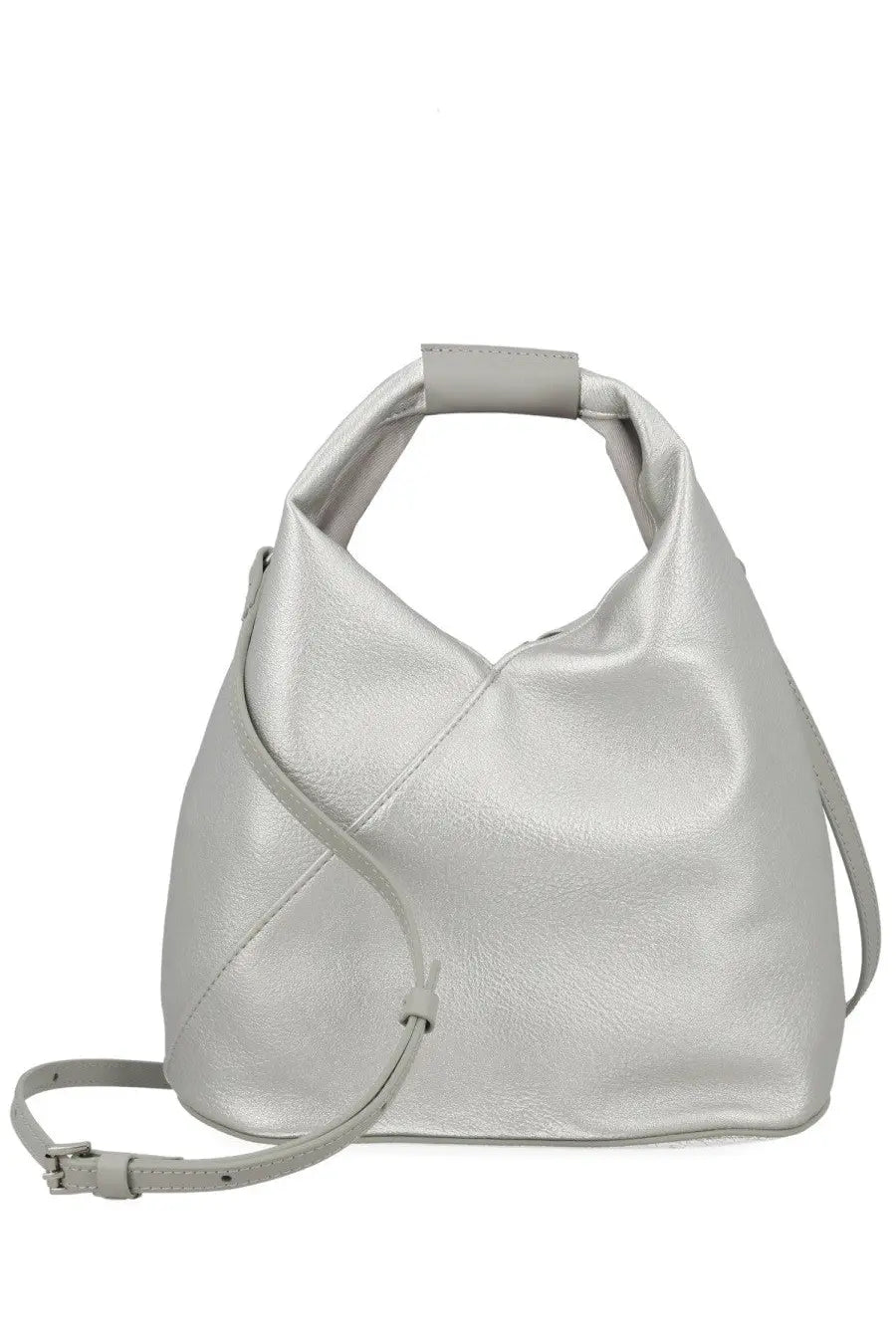 Mm6 maison margiela women’s borsa japanese small silver metallic leather hobo bag with structured slouchy silhouette and adjustable strap