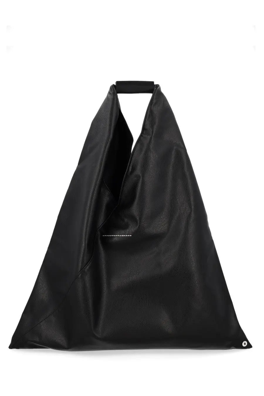 Mm6 Maison Margiela women’s black leather tote bag with minimalist design and subtle white stitching details